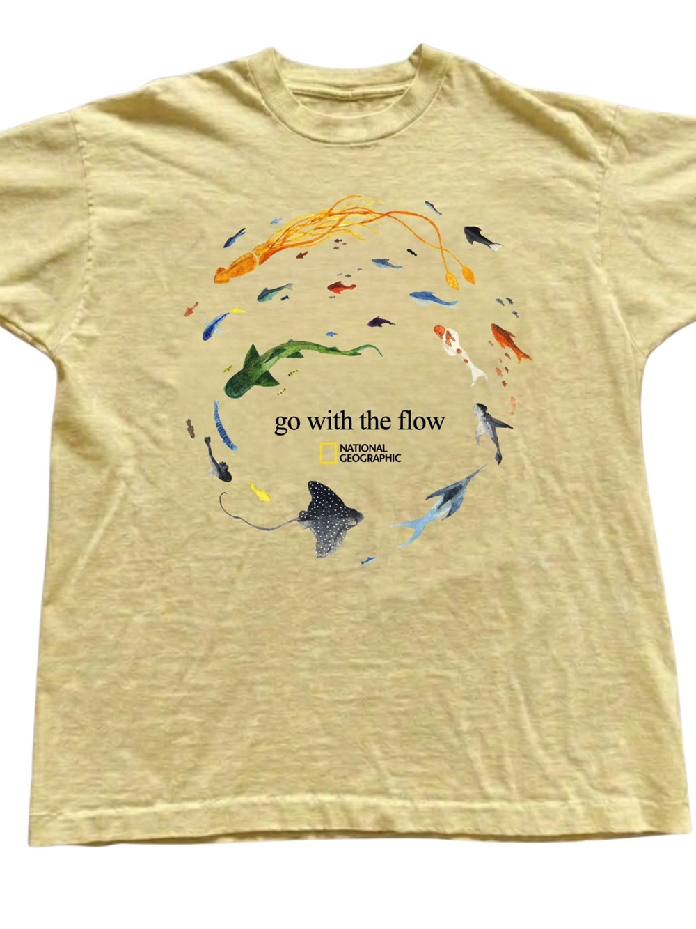 Gildan Yellow National Geographic "Go With The Flow" Fish Graphic Tee